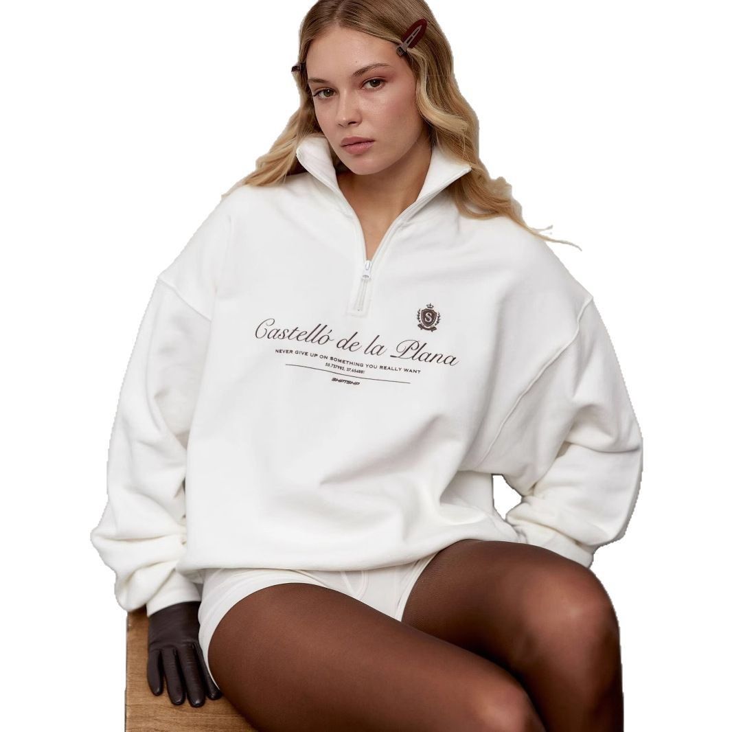 Summer Clothing Old Money - Amerikanische Preppy-Stil-Sweatshirts mit Retro-Buchstaben-Aufdruck, halber Reißverschluss,