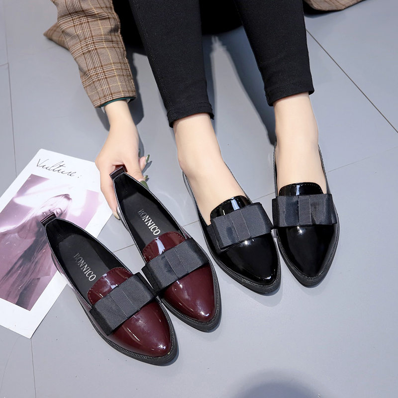 Summer Clothing Sale Women - Schwarze/Weinrote Lackleder-Spitzschuhe, Slipper mit Schleifenknoten, Vielseitige