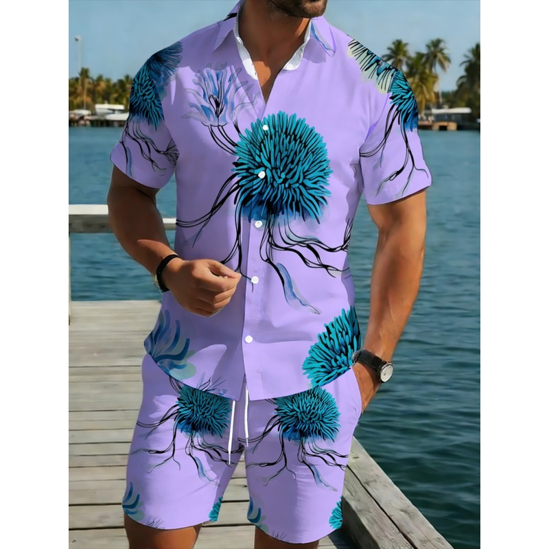 Beach Shirt Hawaiian - Herren Hawaii-Hemd und Shorts Set Lila