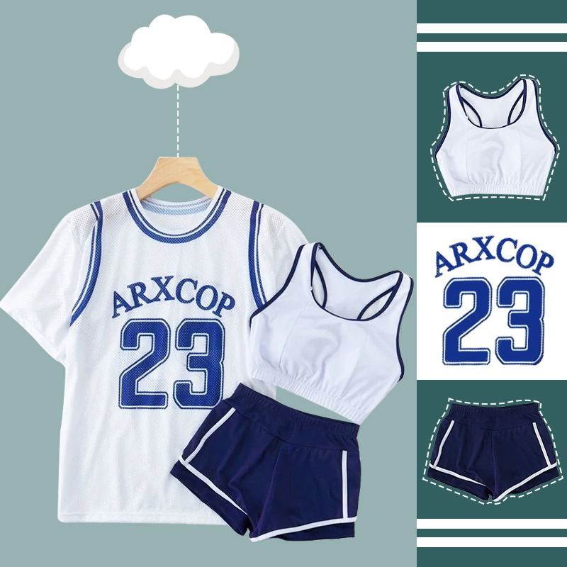 Swim Cover Up Mesh - Damen 3-teiliges Badeanzug-Set, weißes Mesh-Basketball-Trikot mit