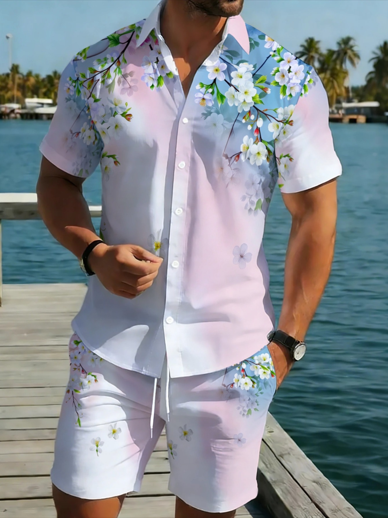 Beach Shirt Hawaiian - Herren Hawaii 2-Teiler Set mit Farbverlauf