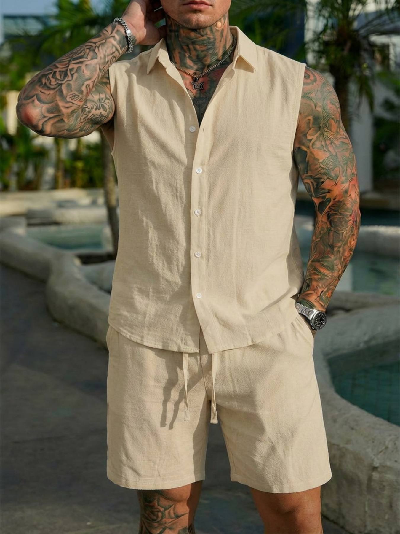 Summer Clothing Men Linen - Sommer-Leinenhemd-Set für Herren, Lässiges Outdoor-Zweiteiler-Set, Hauskleidung
