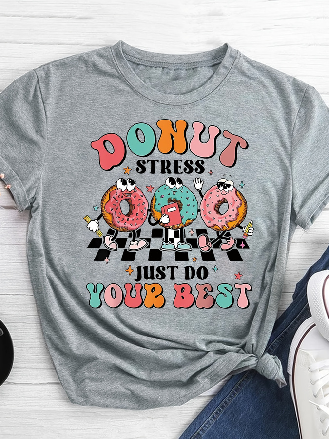 Summer Clothing Trends For Women 2026 - T-Shirt mit Cartoon-Donut-Print, kurzärmeliges, lässiges Oberteil