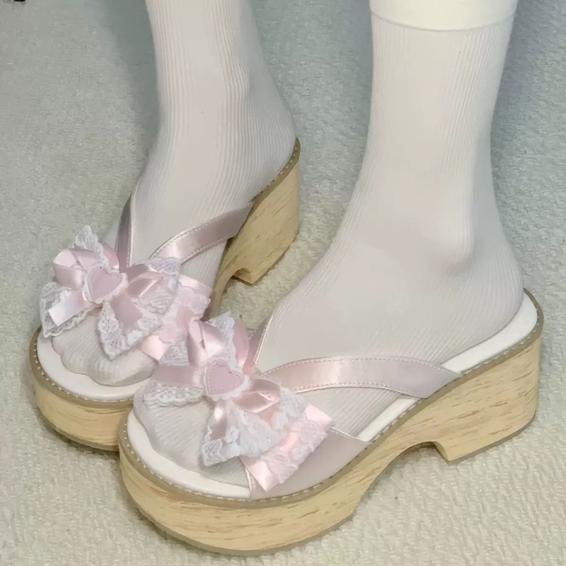 Summer Clothing Sale Women - Süße Schleifen-Holzmaserung Plateau-Slipper für Damen –