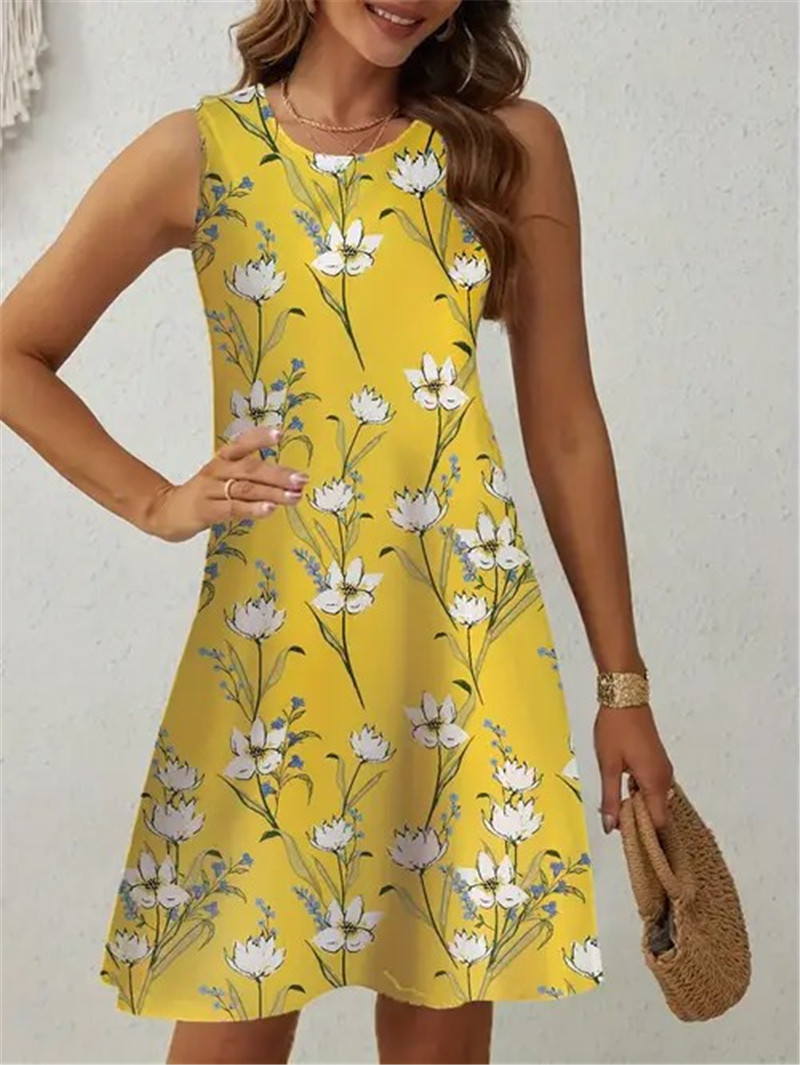 Soft Summer Yellow Clothing - Lässiges Gelbes Blumenkleid für Damen Ärmelloses