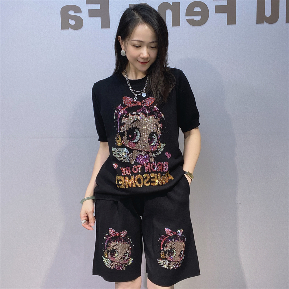 Summer Clothing Set For Girls - Diamonds Cartoon Girl Black Sets Damen