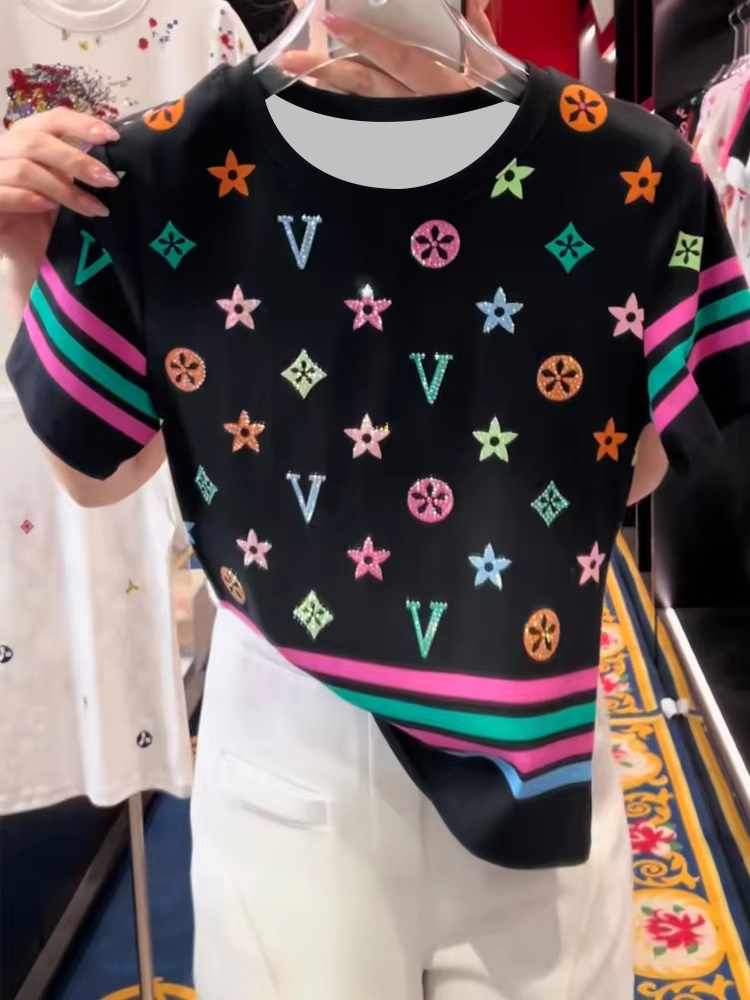 Summer Clothing For 70 Year Old Woman - Amerikanischen Retro Farbige Gedruckt Gestreiften Kurzarm