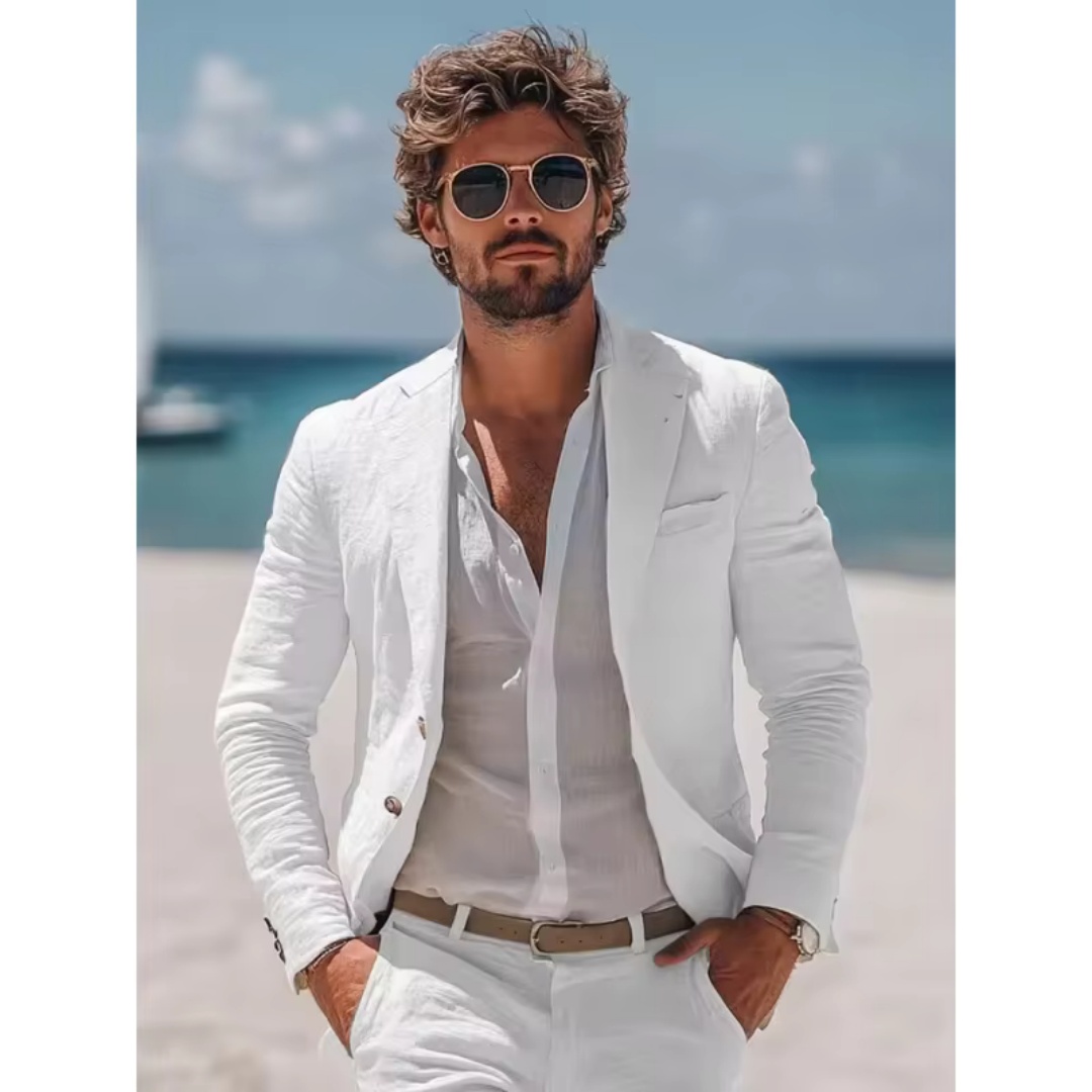 Summer Clothing Men Linen - Weißer Leinen 2-Teiliger Herrenanzug mit Reverskragen,